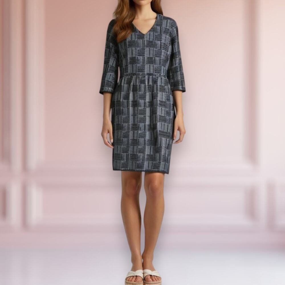 J. McLaughlin Size L V-Neck Sheath Dress Blue Black Abstract Check Print Stretch